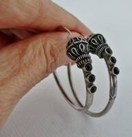 Beautiful old handmade large silver hoop earrings with onyx stones