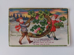 Régi újévi képeslap levelezőlap gyerekek lóhere szerencsepatkó