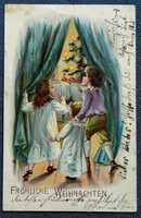 Antik Karácsonyi üdvözlő litho képeslap -gyermekek rátalálnak a karácsonyfára játékokra 1902ből