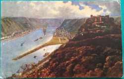 Antique landscape, panorama postcard, Rheinfels Castle, Germany, art, ran