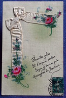 Antique hand-painted greeting rose postcard on silk ribbon - from 1915