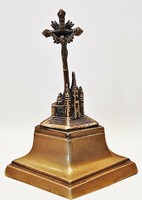 Antique copper standing crucifix with the Máriazell Basilica - 19th century memorial