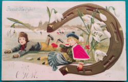 Antique New Year embossed postcard with velvet insert, children, lucky horseshoe, shamrock