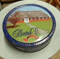 Vintage nagy fém kekszes konzervdoboz,dán vajas sütemény  Butter Cookies talán a 60-as 70-es évekből