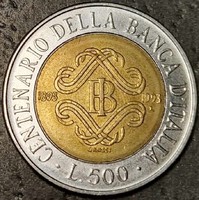 Italy 500 lira, 1993, 100 years of the Italian bank