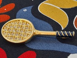Tennis racket brooch, golden, with rhinestones, 6 x 2.2 cm