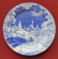 Angol jelenetes kék porcelán tányér karácsonyi mintával