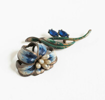 Huge antique flower brooch - vintage brooch, pin with enamel and glass stone decoration, pearl