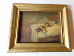 Kis méretű festmény mackójával alvó kislánnyal