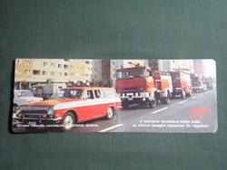Card calendar, fire brigade, Volga gaz commando, Csepel truck, 1982