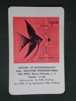 Card calendar, ornamental fish and bird specialist shop, Pécs, graphic drawing, map, 1985