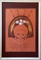 Fiafia  (ünnep) 70x50 cm.keretben, pasztellceruza + fémfesték. Prima díjas művész, Károllyfi/1952