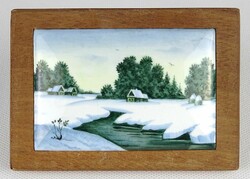 1P224 Régi keretezett kisméretű kézzel festett téli táj zománckép 8.5 x 12 cm