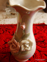 Old, wonderful handwork decorated with roses, bought abroad, small vase kept in a display case, Paper label