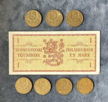 Finn 1 Markk - bankjegy és 5 Markk fémpénzek qz 1960-as évekből