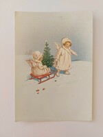 Régi karácsonyi képeslap levelezőlap szánkózó angyalok