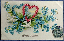 Antik dombornyomott Újévi üdvözlő litho képeslap -  rózsa és nefelejcs szív galambok  1906ból