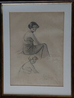 Sándor Szopos - gypsy women - pencil drawing framed, under glass - Transylvanian private collection