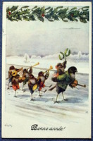 Antique c öhler New Year greeting litho artist postcard - bird orchestra from 1922