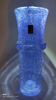 Ritka forma! Karcagi repesztett kék színű fátyolüveg üveg váza 25 cm