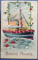 Antique embossed New Year litho postcard - steamship rose forget-me-not seagull