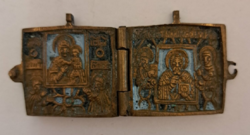 Antique Russian copper cast road icon with enamel decoration