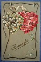 Antique art nouveau embossed greeting litho postcard - flower hearts with birds from 1915