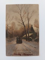 Old Christmas card postcard evening snowfall