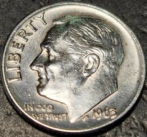 United States of America 1 dime, 1963., Silver roosevelt dime, no mintmark.