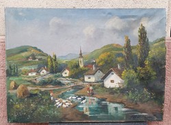 Szabolcsi Tanyi József tanyasi életkép olaj-vászon festmény 73x101 cm