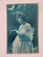 Old postcard photo postcard lady moon