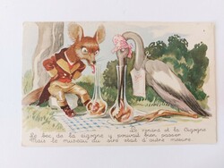 Old postcard fairy tale postcard la fontaine: the fox and the stork