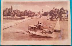 Régi balatoni képeslap, Siófok, kikötő Csobánc hajóval, futott, 1954