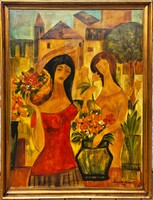 120x90cm! Kránitz Margit (1928 - 2000) Virágos Leányok c. festménye Eredeti Garanciával!