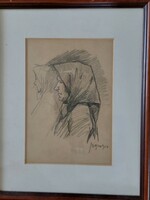 Sándor Szopos - peasant woman - pencil drawing framed, under glass - Transylvanian private collection