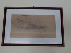Sándor Szopos - little boy sleeping on a sofa - pencil drawing framed, under glass - Transylvanian private collection