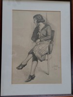 Sándor dés Szopos - lady in an armchair - pencil drawing framed, under glass - Transylvanian private collection