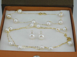 18 K gold necklace + bracelet + earrings, jewelry set with white pearls