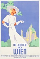 Vintage art deco Austrian travel advertisement poster reprint print Vienna 1930 woman white dress hat fashion