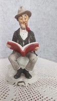 Vintage Biscuit Capodimonte Style Seated Reading Male Figure, 17.5cm, Pedestal Diameter: 8cm