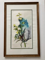 Botanikus témájú akvarell, üvegezett fa keretben