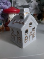 Gold and white ceramic, house-shaped candle holder, Christmas decoration