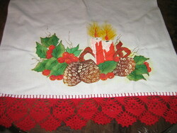 Beautiful hand-painted and crocheted Christmas patterned napkin kitchen towel hand towel