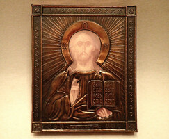 Antik retro vintage fém réz bronz orosz görög cirill betűs vallási egyházi fali kép falikép ikon