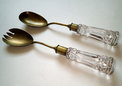 Rarity! Antique vintage waterford? Glass crystal handle copper metal salad spoon salad dressing set