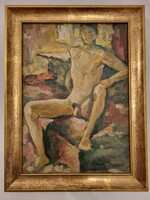 László Sallay: young model - male nude study painting 35x25cm