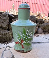 Enamel on enameled green background with lily of the valley floral quarry rustic peasant nostalgia kitchen