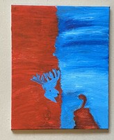 Red and blue fool oil painting without frame 28 x 35 cm