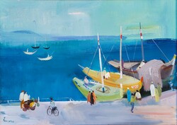 Áron Nagy Lajos (1913 - 1987) Kikötőpart c. festménye Eredeti Garanciával!
