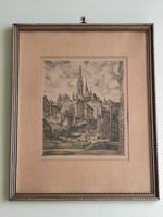 Szabó Vladimir: Budai vár álló üvegezett rézkarc igényes keretben